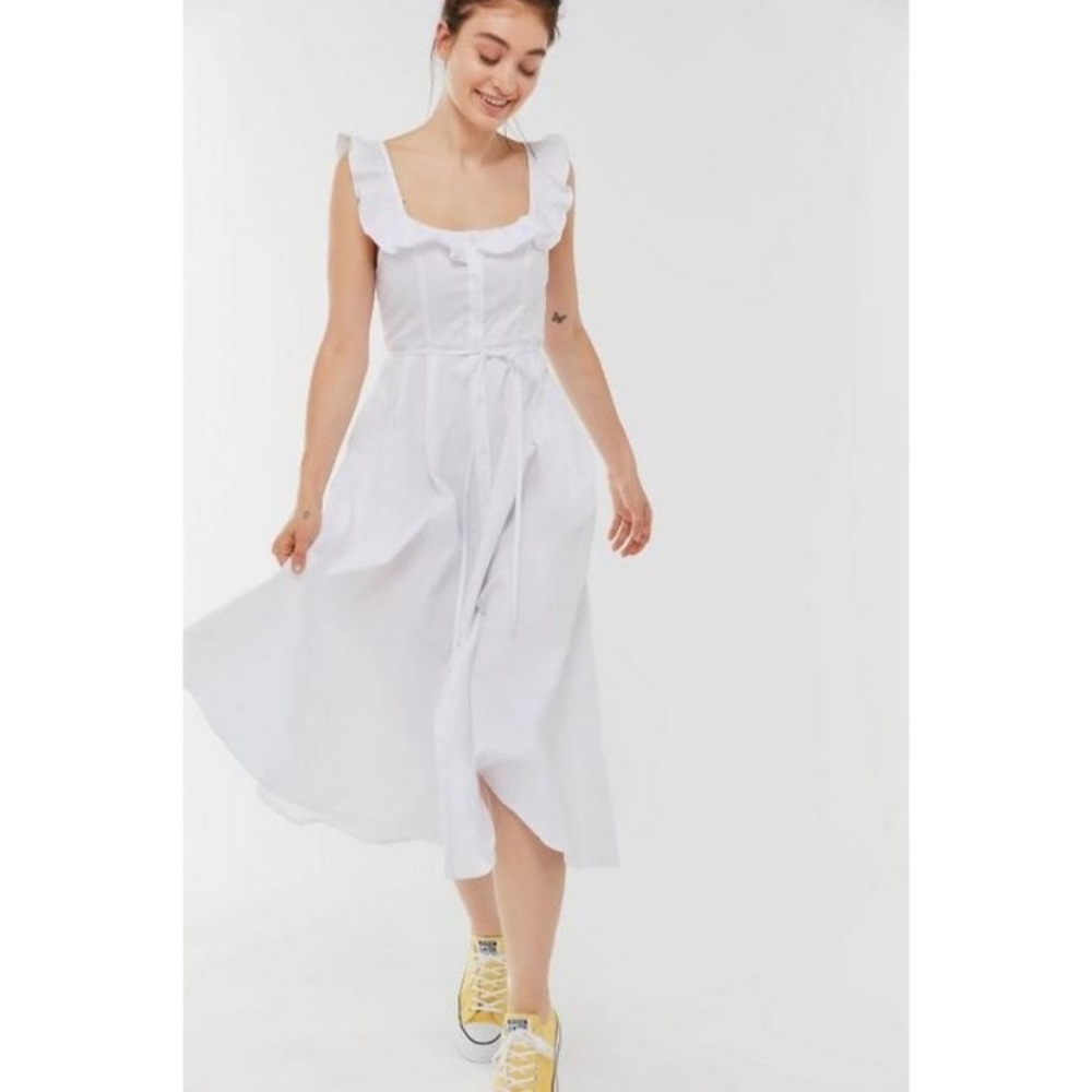 Urban Outfitters Poplin Ruffle Button Front Cottage Midi Dress White Size S